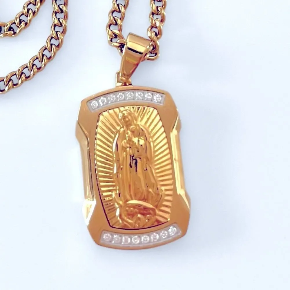 Our Lady Of Guadalupe White Diamond Stainless Steel Dog Tag Pendant Necklace
